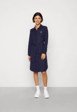 Lacoste Midi Shirt Dress With Tie Belt - Blousejurk - Marine