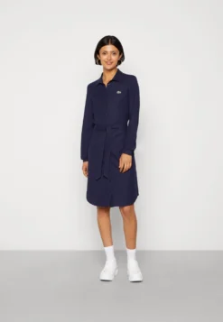 Lacoste Midi Shirt Dress With Tie Belt - Blousejurk - Marine